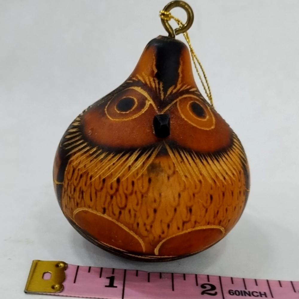 Owl Peru Carved Gourd Ornament Folk Art Hand Painted Dried Mate Bird